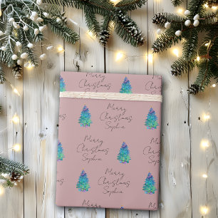 Papel De Presente Árvore de Natal Feliz e Rosa de Dusty