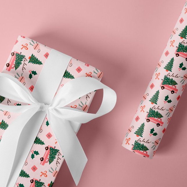 Papel De Presente Árvore de Natal Festiva Rosa Vintage Retro Van (Festive Christmas Tree Pink Vintage Retro Van Wrapping Paper)