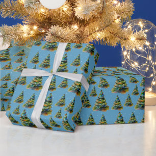 Papel De Presente Árvore de Natal Floco de Neve Desenho Aquarela Azu
