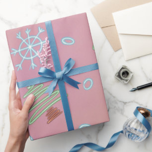 Papel De Presente Árvore de Natal Flocos de Neve de Inverno Rosa Azu