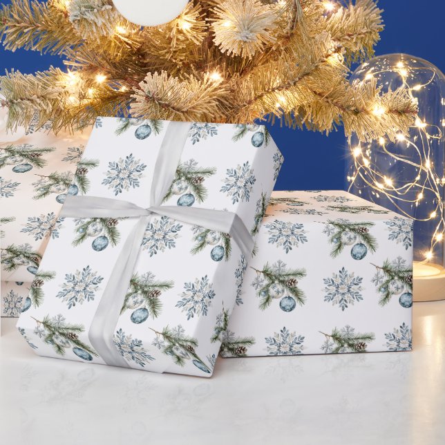 Papel De Presente Árvore de Natal Flocos de Neve Prata Enfeites Azui (Feriados)