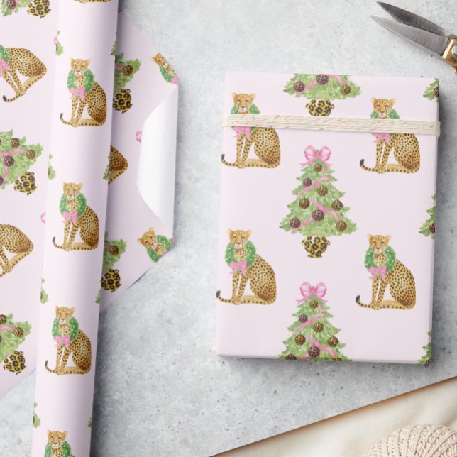 Papel De Presente Árvore de Natal Leopardo Preppy Aquarela (Criador carregado)