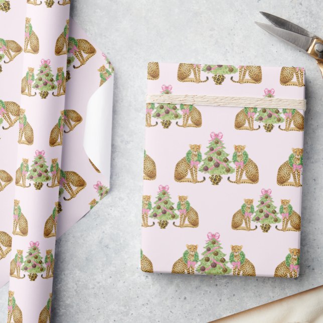 Papel De Presente Árvore de Natal Leopardo Preppy Aquarela (Criador carregado)