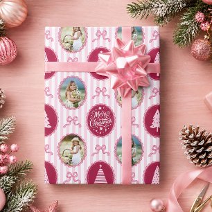 Papel De Presente Arvore de Natal Listrada com Laço Cor-de-Rosa 4 Fo