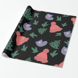 Papel De Presente Árvore de Natal, Meias, Chapéus Vermelhos em Preto