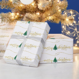 Papel De Presente Árvore de Natal Merry Dourado Moderno