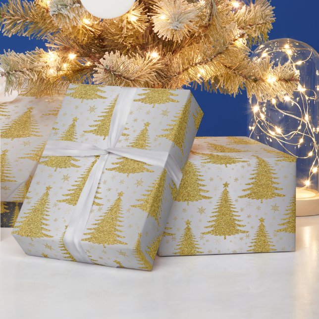 Papel De Presente Árvore de Natal Metálica Dourada Padrão Silver Lux (Feriados)