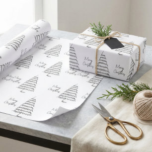 Papel De Presente Árvore de Natal Mínima Moderna Preta e Branca