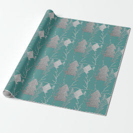 Papel De Presente Árvore de Natal Mint Teal Silver Cinza Madeira