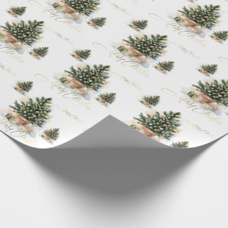 Papel De Presente Árvore de Natal Moderna e Elegante em Dourado e Aq