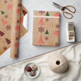 Papel De Presente Árvore de Natal moderna e flocos de neve presentes