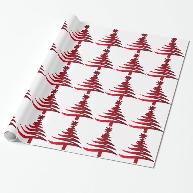 Papel De Presente Árvore de Natal Moderna Estêncil Impressão Vermelh (Desenrolado)