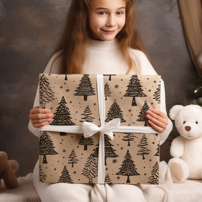 Papel De Presente Árvore De Natal Moderna Preta E Creme (Criador carregado)