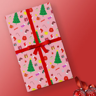 Papel De Presente Árvore de Natal Moderno Rosa Quente e Coisas