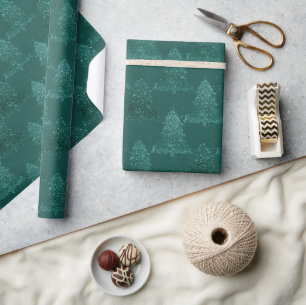 Papel De Presente Árvore de Natal Moody   Verde-Teal-Meia-Noite Escu