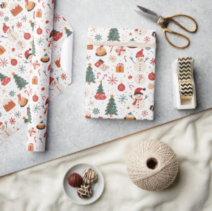 Papel De Presente Árvore de Natal, Neve e Presente Natal Branco