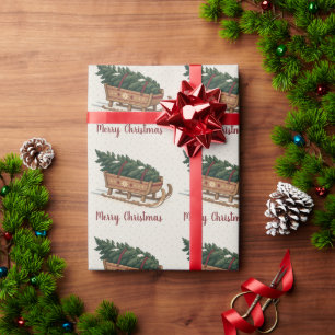 Papel De Presente Árvore de Natal Nórdica em um Trenó de Madeira par