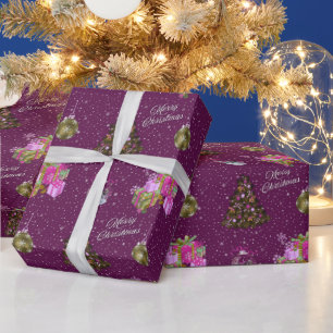 Papel De Presente Árvore de natal, ornamentos e presentes cor roxa