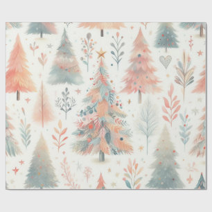 Papel De Presente Árvore de Natal Pastel Rosa e Verde Nórdica