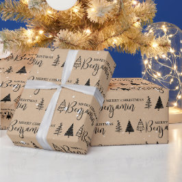Papel De Presente Árvore de Natal Personalizada Nome Kraft Repetindo