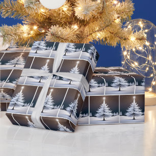 Papel De Presente Árvore de Natal Pinheiro Branco e Estrela