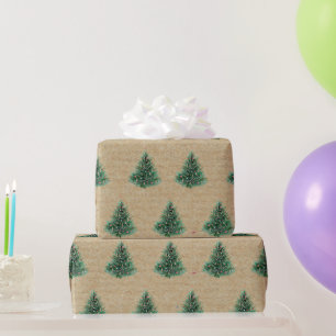Papel De Presente Árvore de Natal Pinheiro Verde Aquarela Kraft Nata