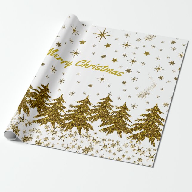 Papel De Presente Árvore de Natal pouco Dourada, estrelas, neve (Desenrolado)