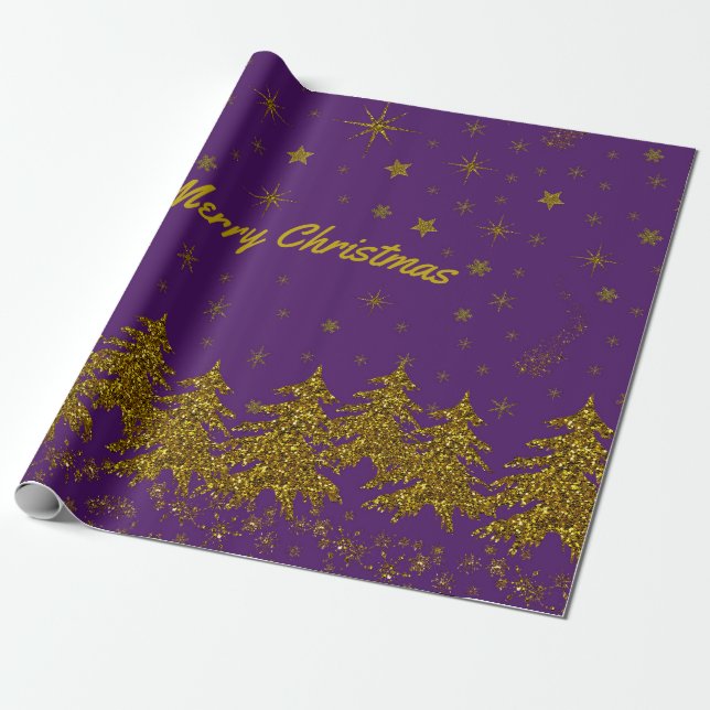 Papel De Presente Árvore de Natal pouco Dourada, estrelas, neve em r (Desenrolado)