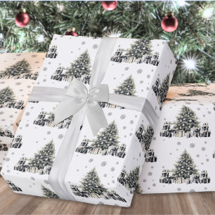 Papel De Presente Árvore de Natal Preta Branca Elegante