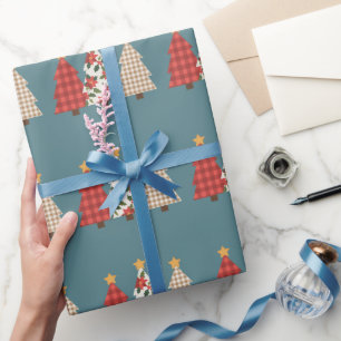 Papel De Presente Árvore de Natal Remendo Vintage Xadrez Vermelho Fe