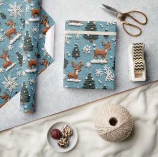 Papel De Presente Árvore de Natal Rena Linha Têxtil Tricotada Invern