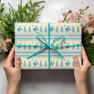 Papel De Presente Árvore de Natal Renas Engraçadas Padrão Azul Neve
