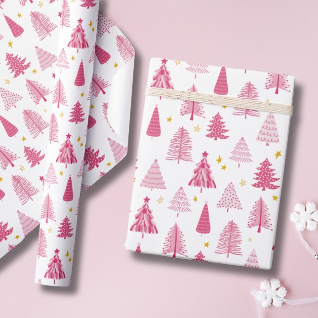 Papel De Presente Árvore de Natal rosa (Pink Christmas Tree modern Holiday Wrapping Paper.  From original artists illustrations. )