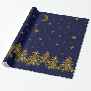Papel De Presente Árvore de Natal Sparkly do ouro, lua, estrelas no