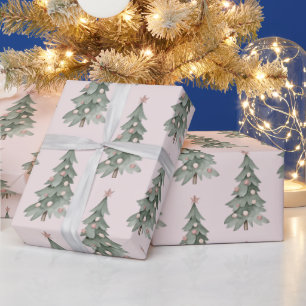 Papel De Presente Árvore de Natal Verde Cor-de-Rosa Boho