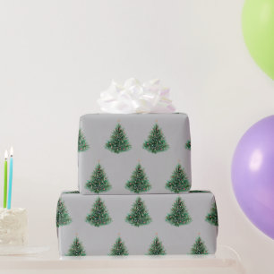 Papel De Presente Árvore de Natal Verde de Aguarela Cinza Vintage