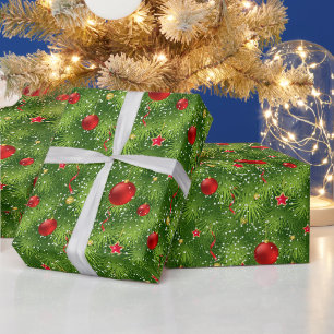 Papel De Presente Árvore de Natal Verde e Enfeites de natal