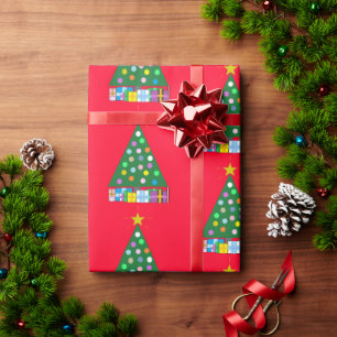 Papel De Presente Árvore de Natal Verde em Vermelho: