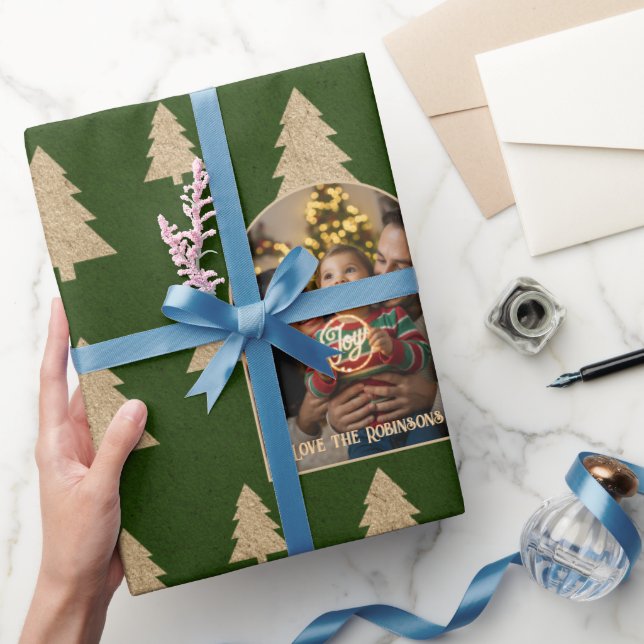 Papel De Presente Árvore de Natal Verde Personalizada com Foto de Na (Presentear)