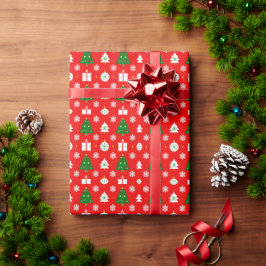 Papel De Presente 🎄 Árvore de Natal Vermelha Floco de Neve Festivo