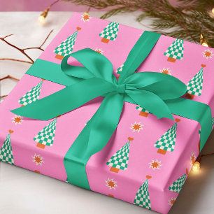 Papel De Presente Árvore de Natal Xadrez Rosa e Verde Padrão Retro d