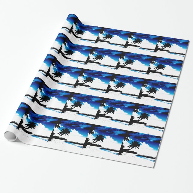 Papel De Presente Árvore de palma branca azul preta Silhoule (Desenrolado)