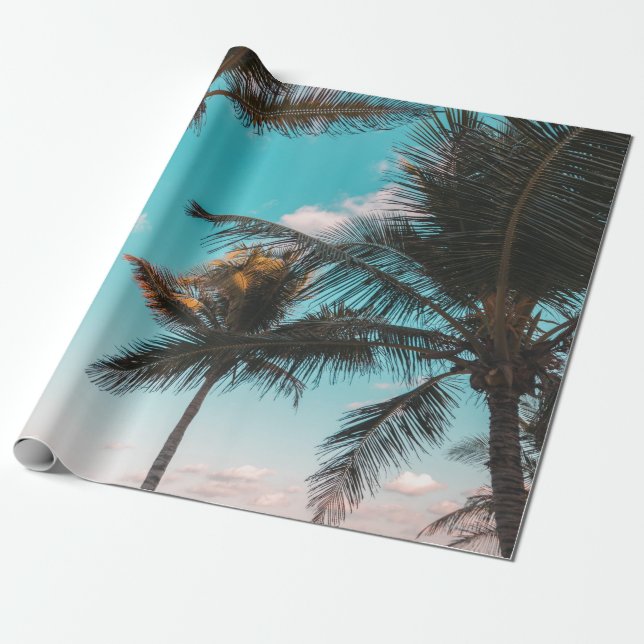 PAPEL DE PRESENTE ÁRVORE DE PALMAS TROPICAIS RETRO PELA PRAIA (Desenrolado)