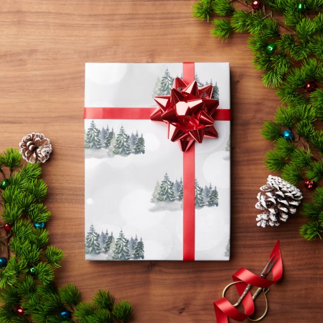 Papel De Presente Árvore de pinheiro de aquarela,Floresta (Presente de Natal)