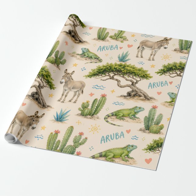 Papel De Presente Árvore divi de Aruba, burro, iguana, cacto (Desenrolado)