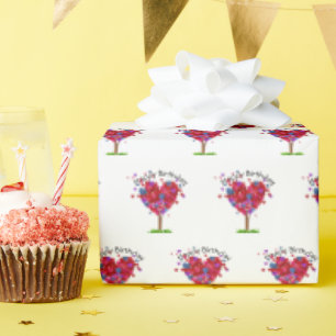Papel De Presente Árvore do Coração de Aniversário em Branco