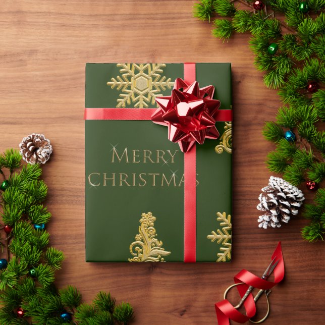 Papel De Presente Árvore Dourada de Natal elegante em verde escuro (Presente de Natal)