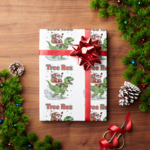 Papel De Presente Árvore Engraçada Rex Papai Noel Montando Dinossaur