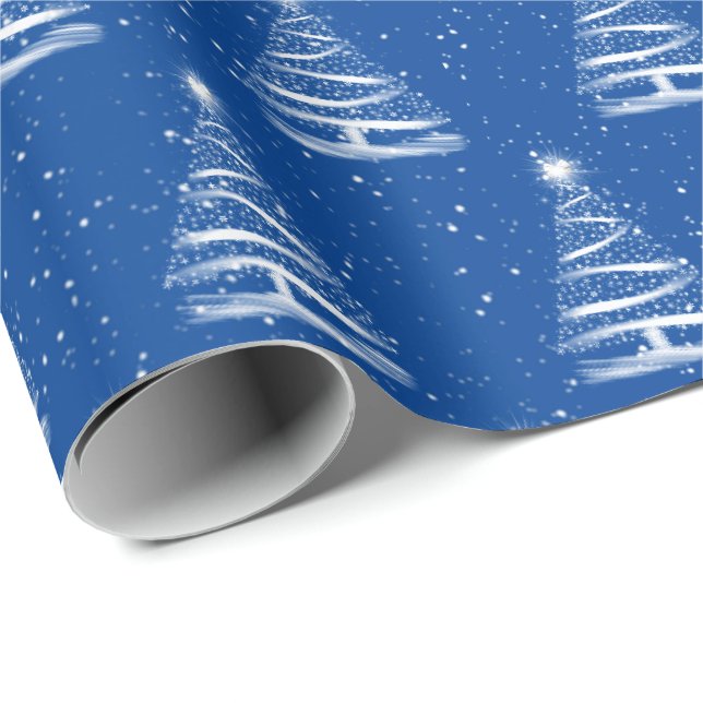 Papel De Presente árvore estrela de Natal branca em azul (Ponta do rolo)