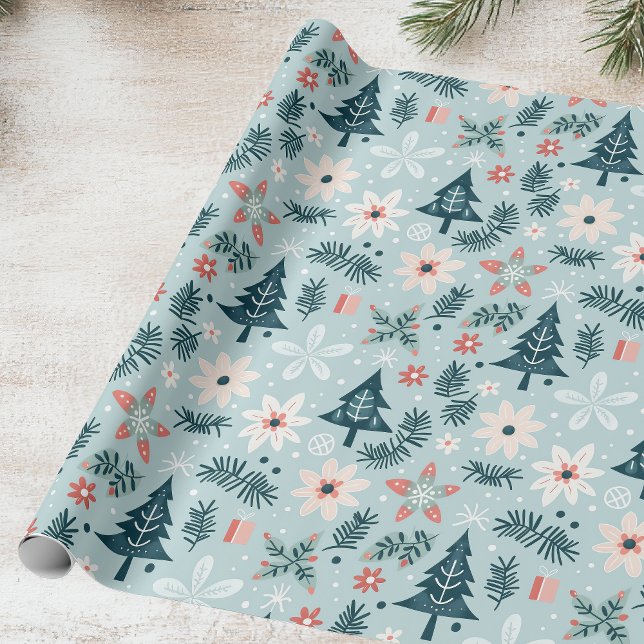 Papel De Presente Árvore festiva e Design de flores (Criador carregado)